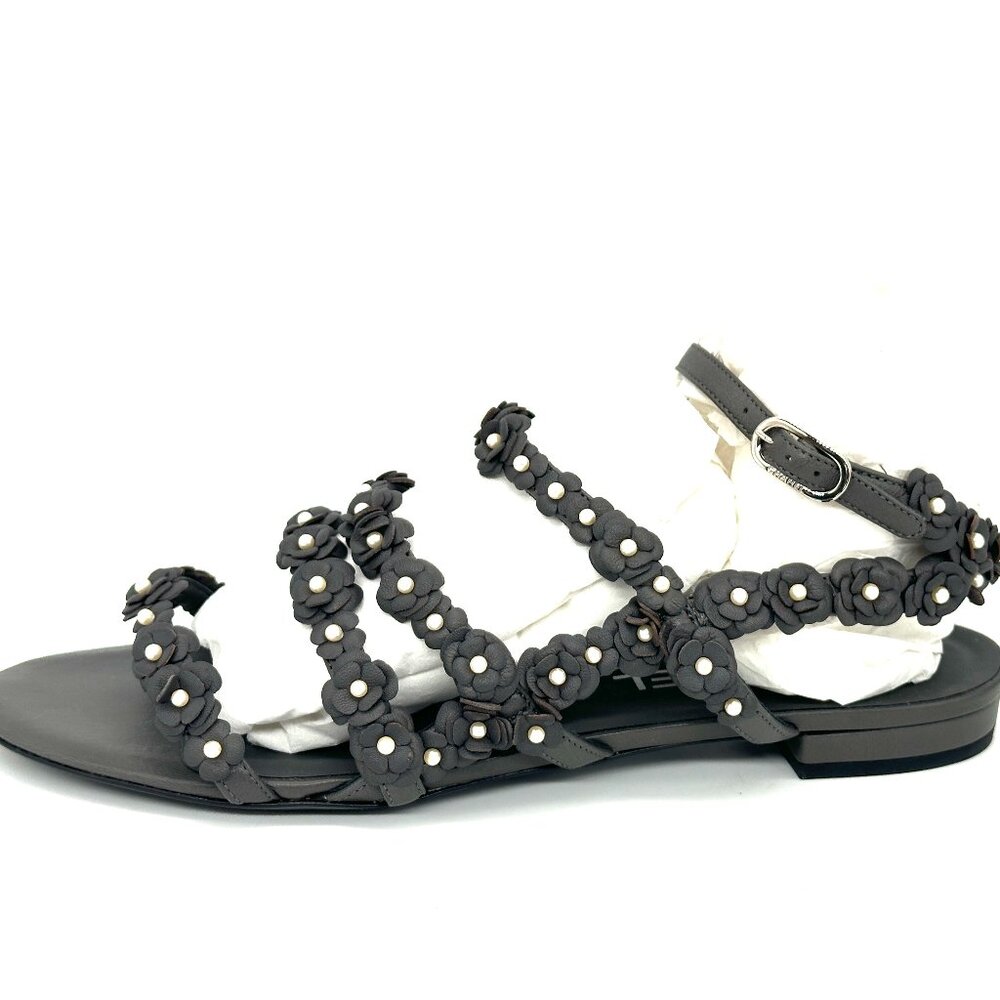 CHANEL 14P Pearl Embellished Camellia Strappy Leather Flat Gladiator Sandals